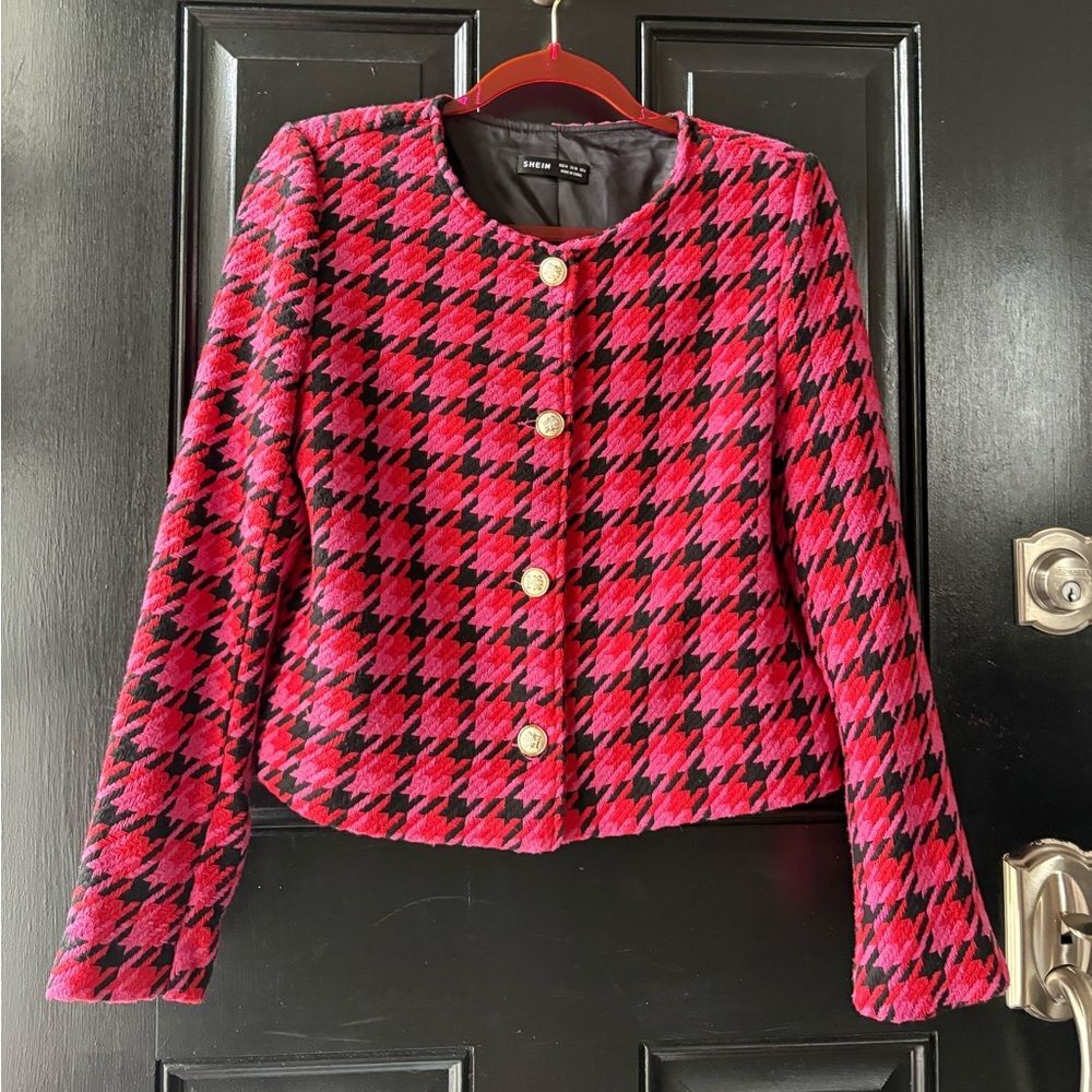 SHEIN Pink Black Houndstooth Blazer Lady Jacket Size S/M - Picture 8 of 16